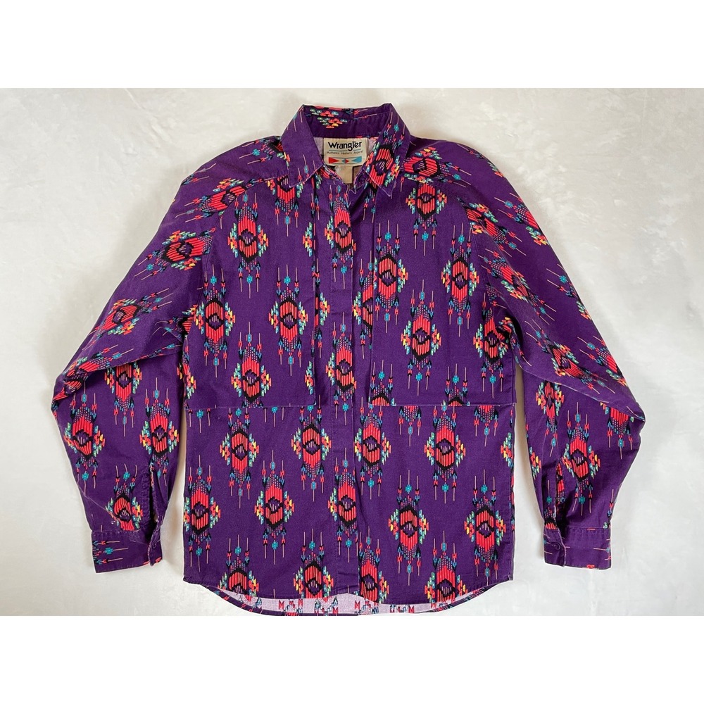 Vintage Wrangler Authentic Western Apparel Mens Purple Aztec Button Up‎